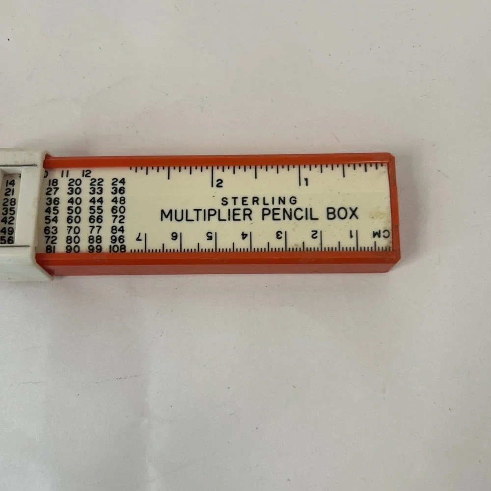 Vintage Multiplier Pencil Box, Sharpener & Ruler, Red White Read